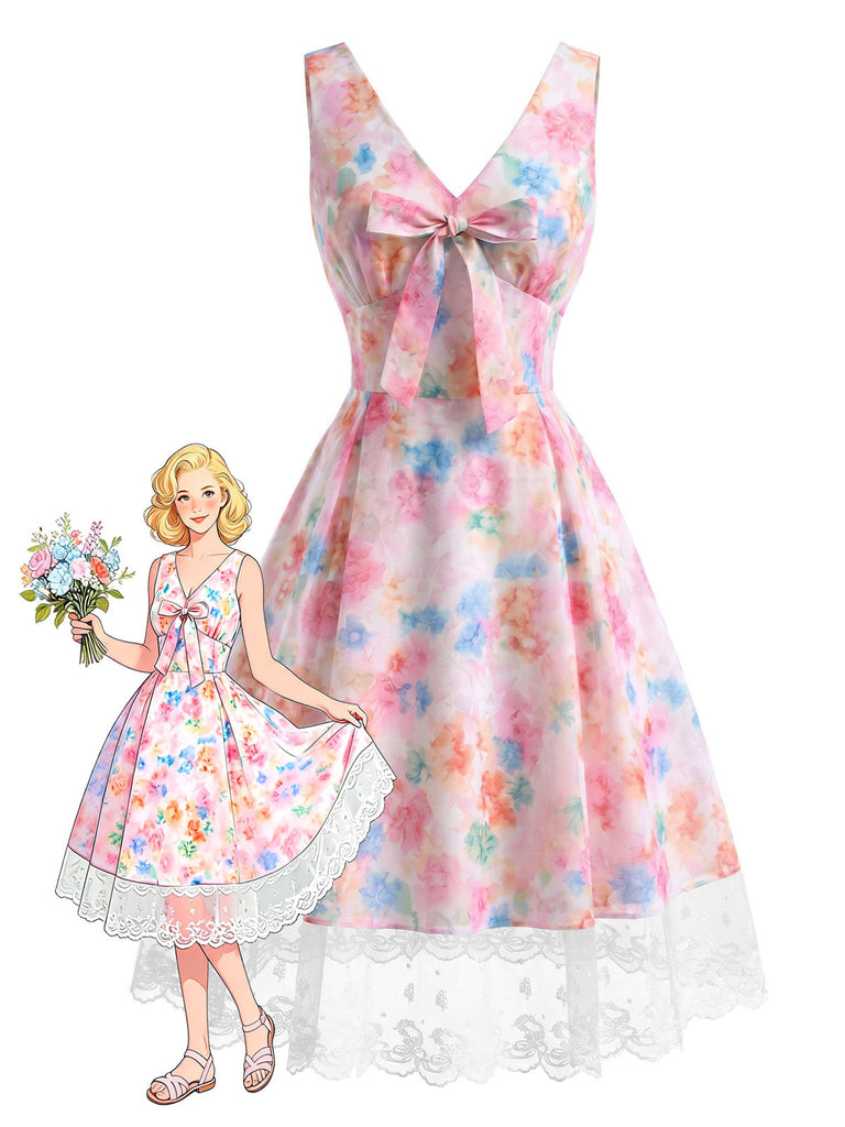 [Prévente] Robe Florale Aquarelle Dentelle Nœud Multicolore Années 1950