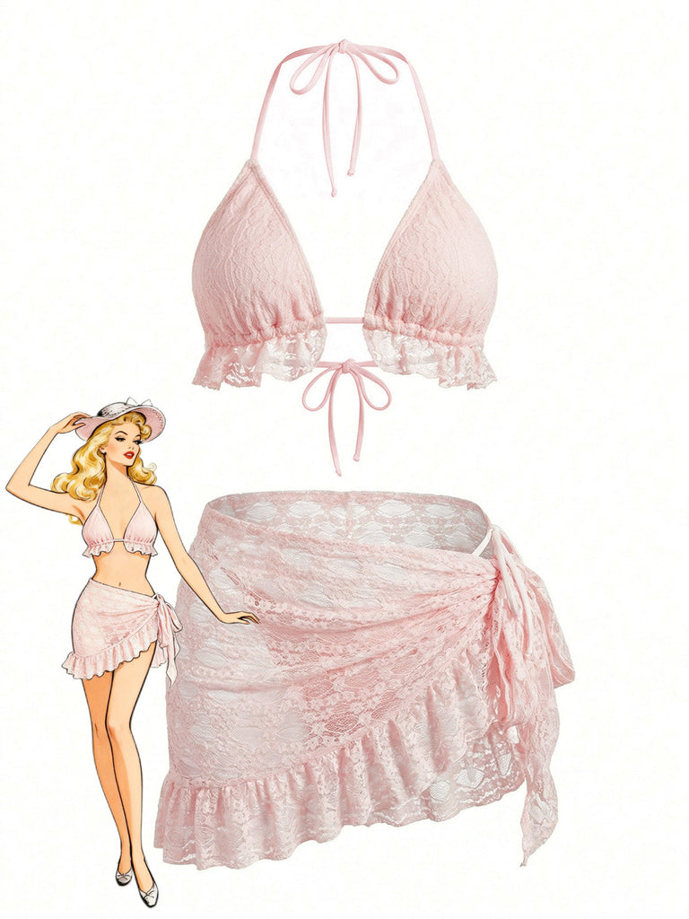 Ensemble 2 Pièces Bikini Dos-Nu Uni en Dentelle & Cache-Maillot à Volants Années 1960