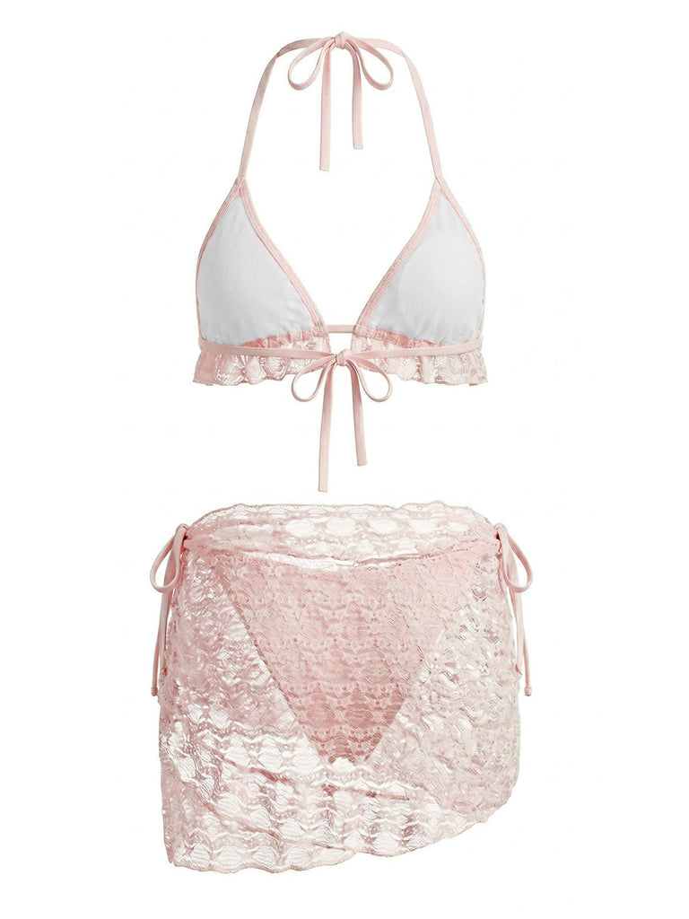 Ensemble 2 Pièces Bikini Dos-Nu Uni en Dentelle & Cache-Maillot à Volants Années 1960