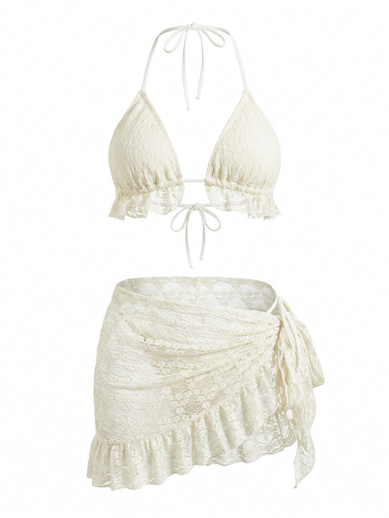 Ensemble 2 Pièces Bikini Dos-Nu Uni en Dentelle & Cache-Maillot à Volants Années 1960