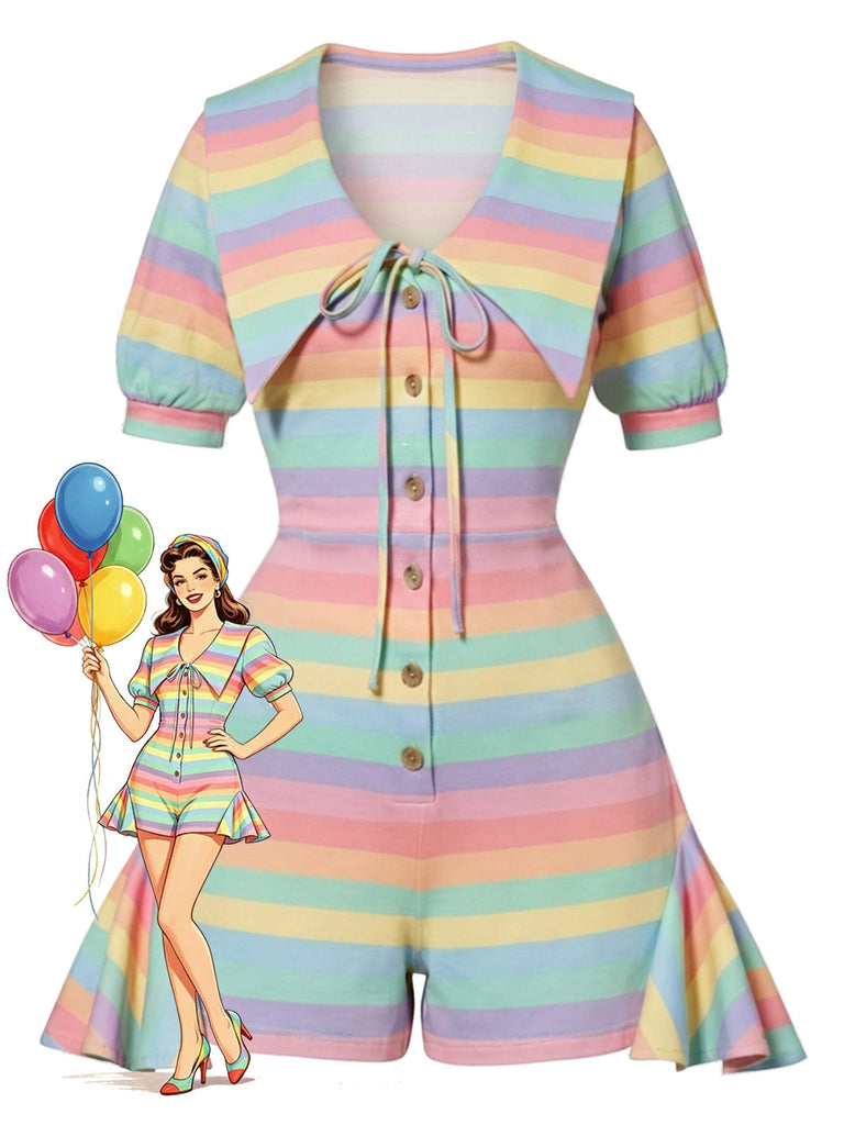 [Prévente] Combishort à Col Chelsea à Volants Rayures Arc-en-ciel Pastel Années 60