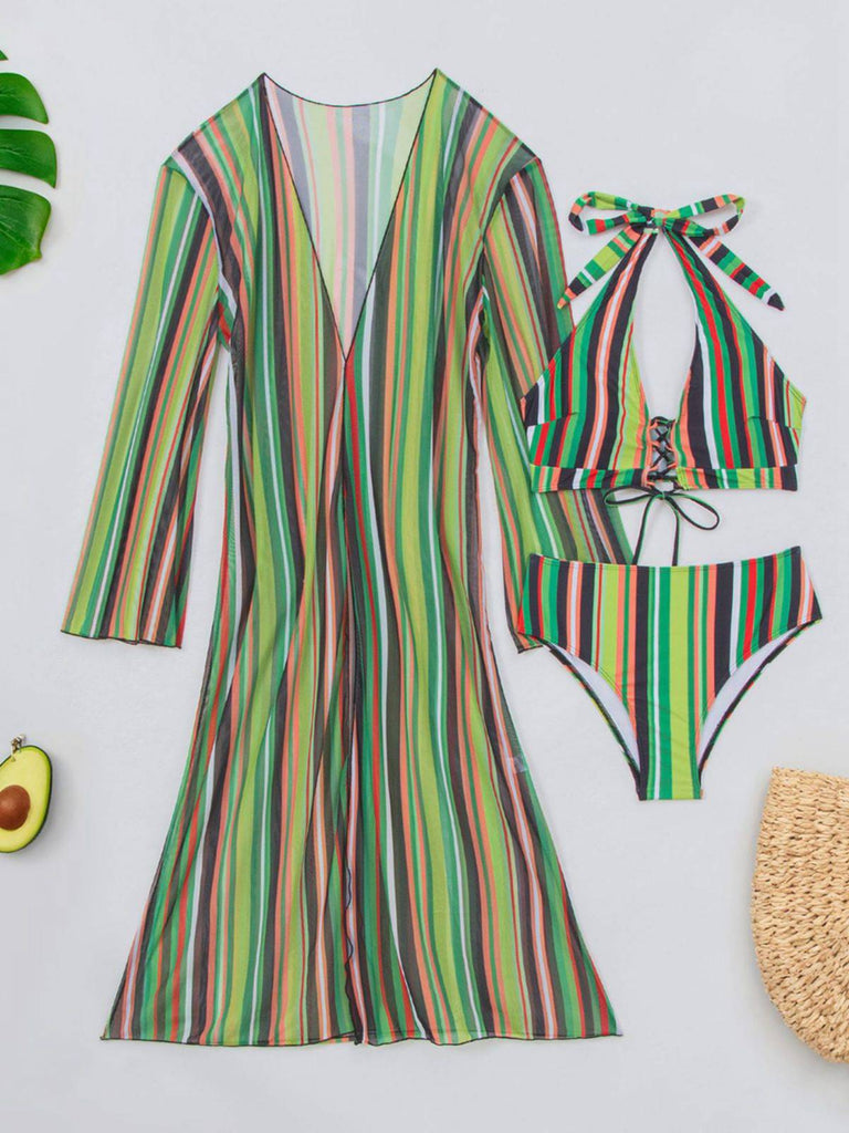 Ensemble Bikini Lacé à Rayures Verticales et Cache-Maillot Années 60