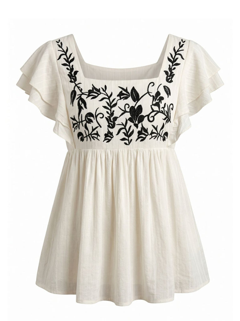 Top Babydoll à Manches Volantées Brodé Floral Années 70