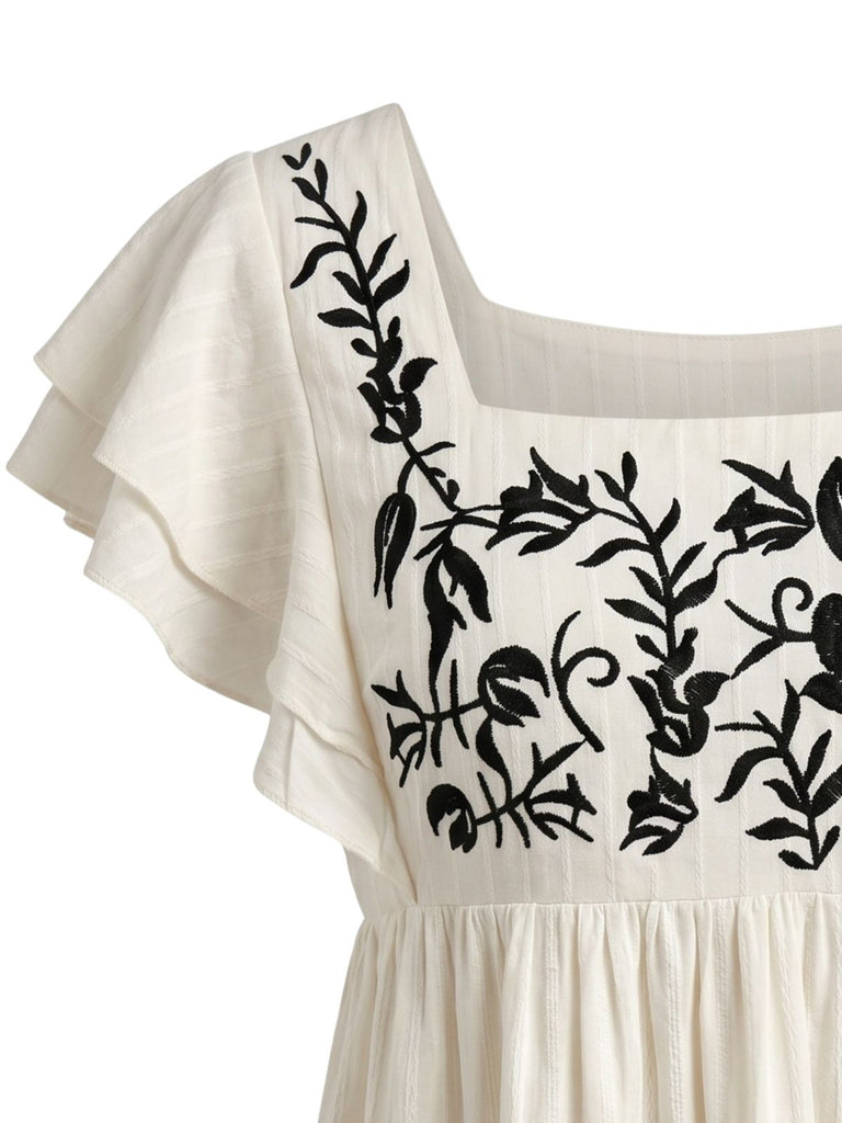 Top Babydoll à Manches Volantées Brodé Floral Années 70