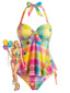 [Prévente] Ensemble tankini dos nu motif écossais arc-en-ciel et étoiles années 70