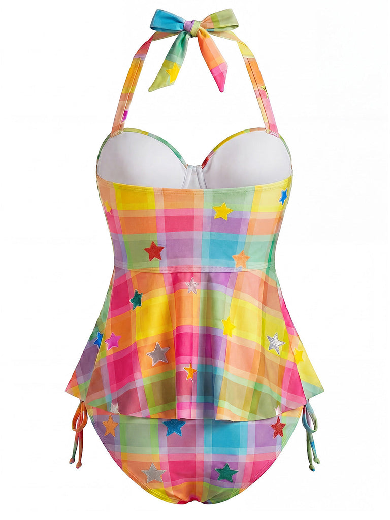 [Prévente] à Carreaux Étoile Dos-Nu Tankini Ensemble Rainbow Années 1970 4