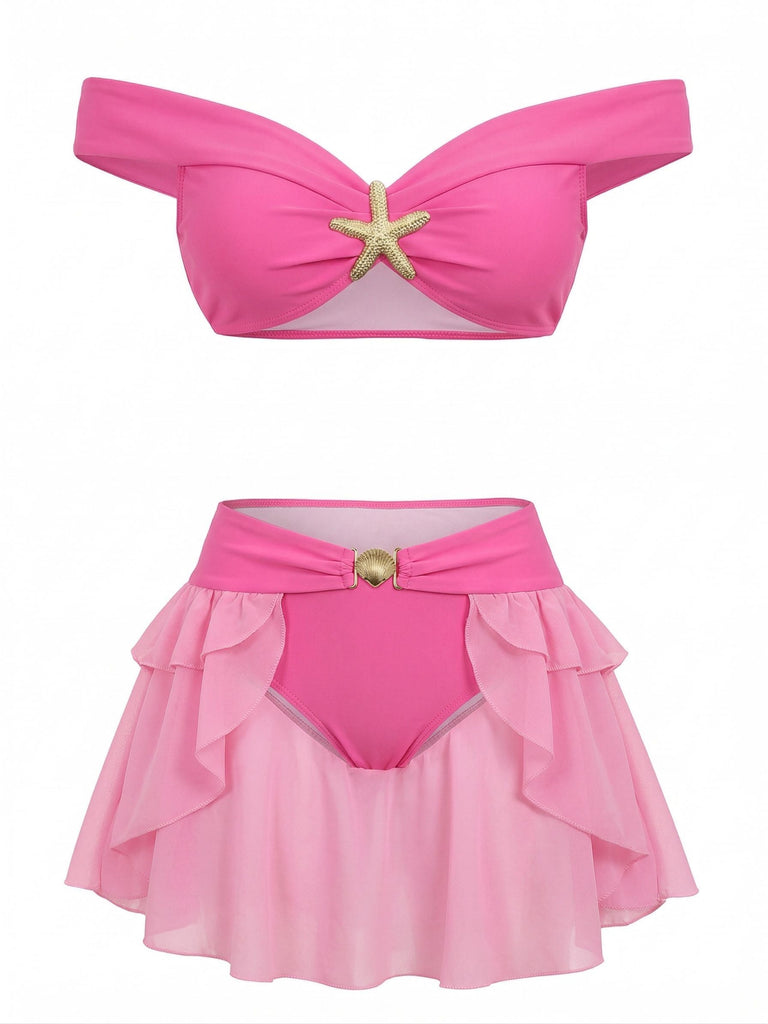 Ensemble Bikini Épaules Dénudées à Volants Princesse Jasmine Rose Rouge Années 1970
