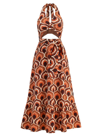 [Prévente] Robe Maxi Halter Col V Profond Découpé Imprimé Abstrait Années 70