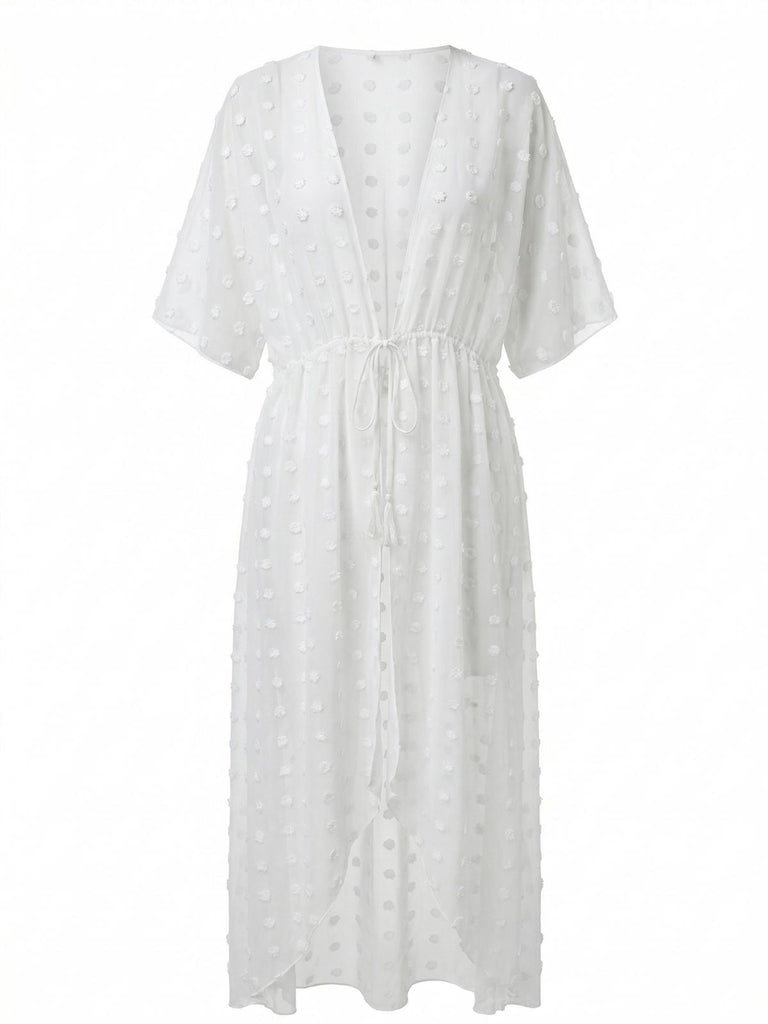Robe Cache-Maillot Longue Transparente à Pois Nouée Années 1970