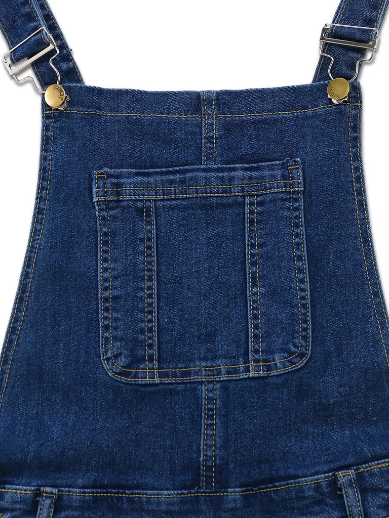 Blue denim overalls with a pocket on a white background