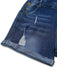 Close-up of blue denim shorts with a white background