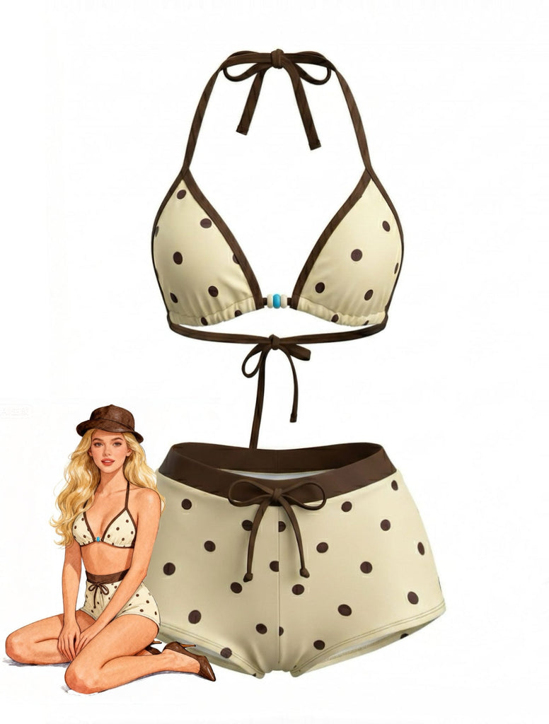 Ensemble Bikini Dos-Nu à Pois Jaune Crème Années 1980