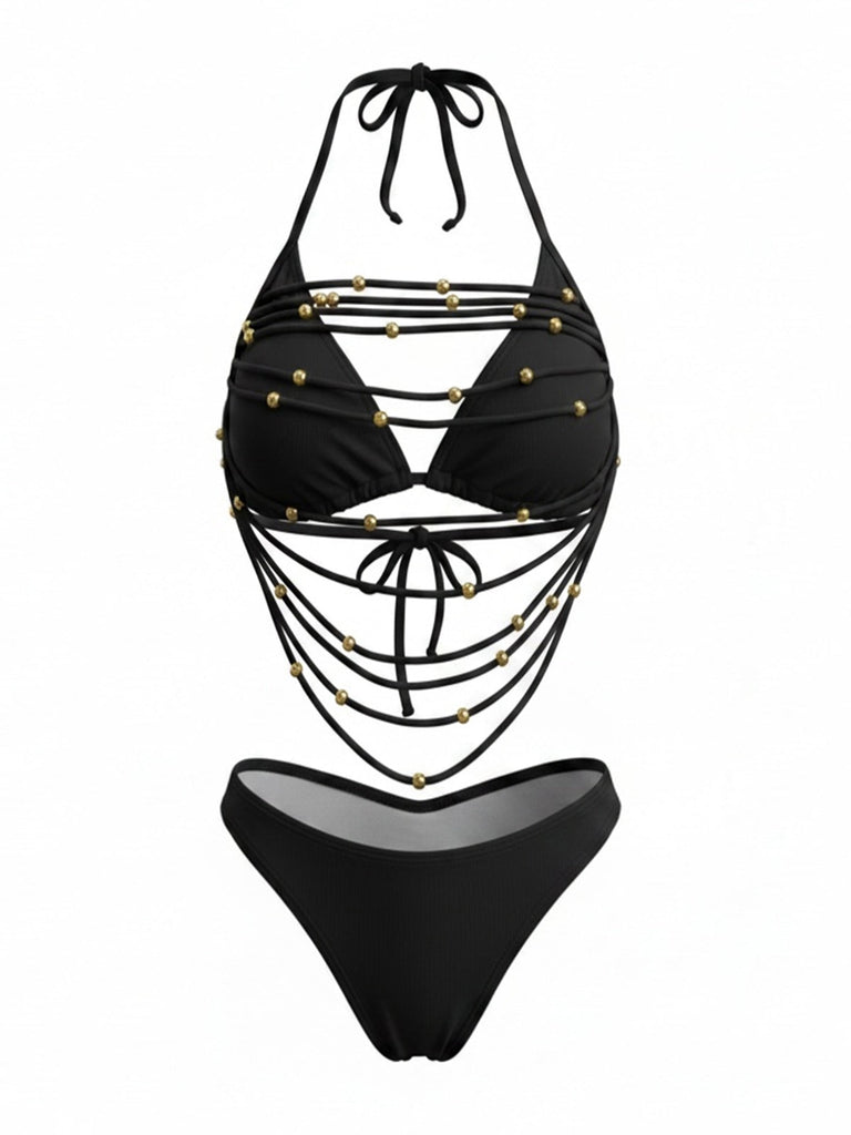 Ensemble Bikini Halter Lacé à Perles Métalliques Années 80