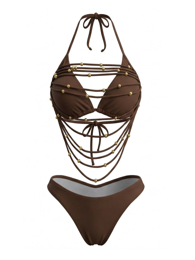 Ensemble Bikini Halter Lacé à Perles Métalliques Années 80