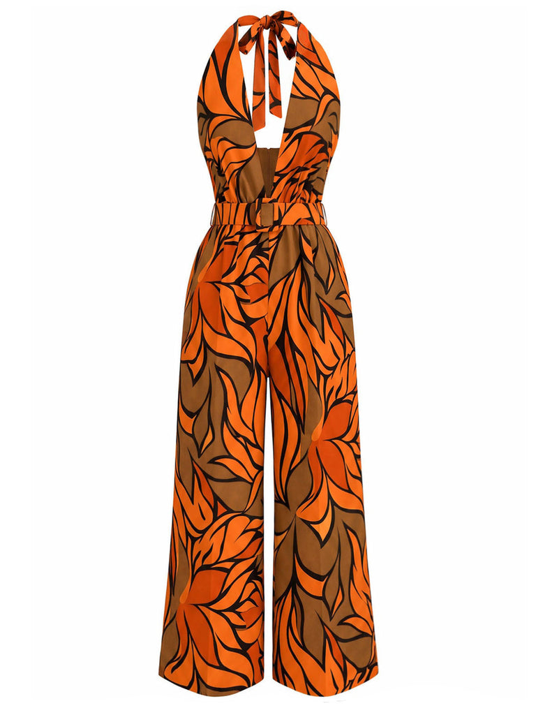 [Prévente] Combinaison Tropicale Feuilles Halter Col V Profond Ceinturée Imprimée Années 1970 2