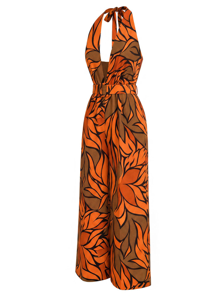 [Prévente] Combinaison Tropicale Feuilles Halter Col V Profond Ceinturée Imprimée Années 1970 3