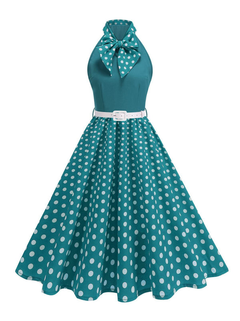Robe Ceinturée Nœud Papillon Col Pois Années 1950