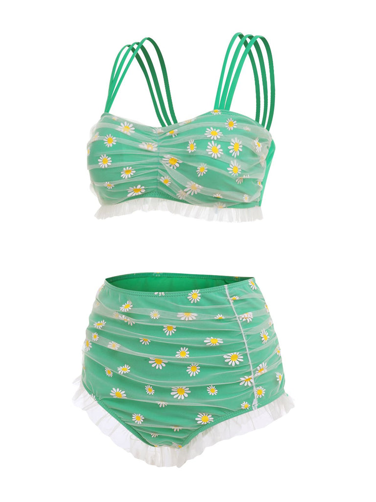 Ensemble bikini beige à bretelles papillon en maille années 1950