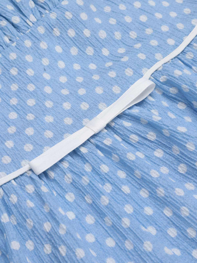 Robe Trapèze Bleu Ciel à Pois et Bretelles Années 1950 Cocktail 6