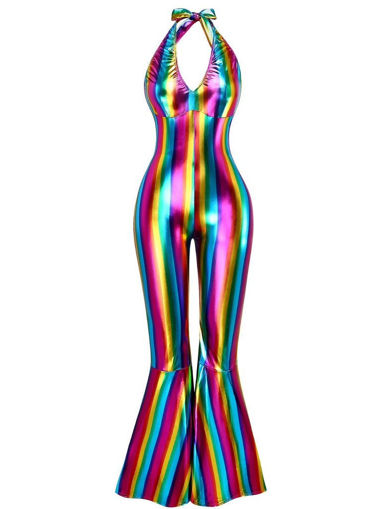 [Prévente] Combinaison dos nu disco à blocs de couleurs arc-en-ciel des années 1970