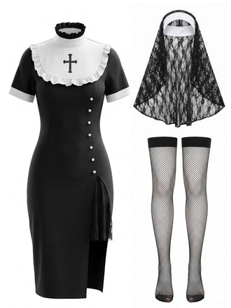 Ensemble robe gothique noire de religieuse à croix avec voile et bas Années 1980 - 1