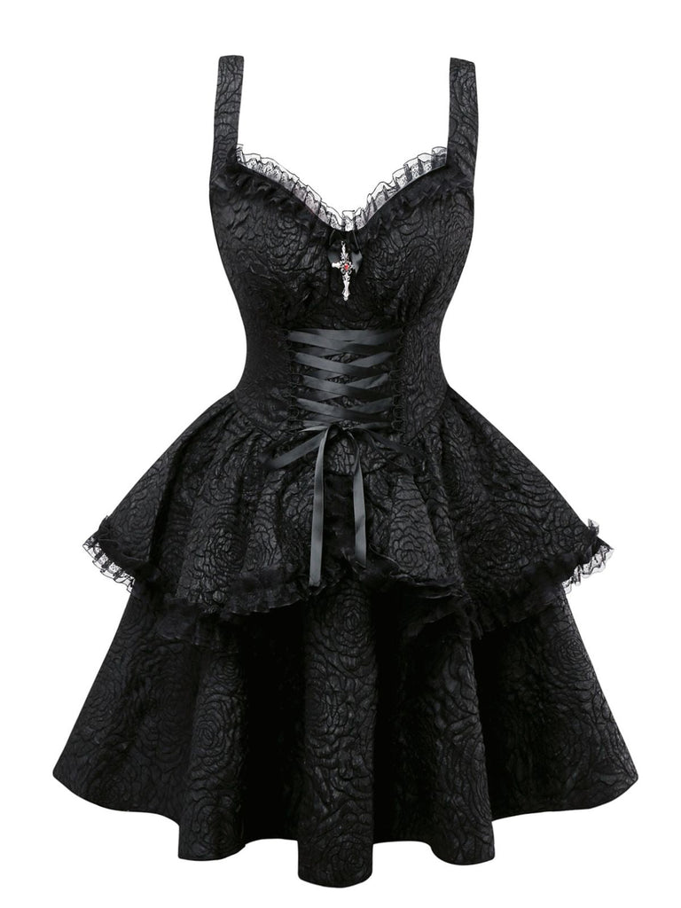 Robe noire à lacets en patchwork de dentelle texturée gothique des années 1980