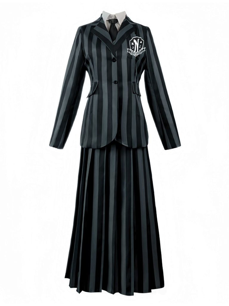 Ensemble de costumes d'uniforme rayé de l'Académie du Wednesday des années 1940