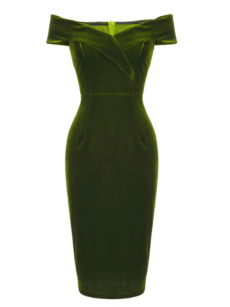 Robe Crayon Vintage Verte Année 60 Solide en Velours 15