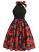 Robe dos nu patchwork col rond et nœud roses rouges des années 1950