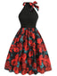 Robe dos nu patchwork col rond et nœud roses rouges des années 1950