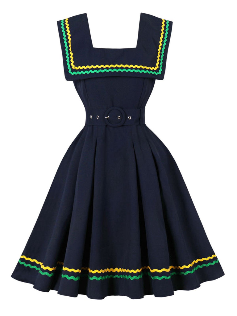Robe sans manches à rayures ondulées bleu marine col carré années 1950