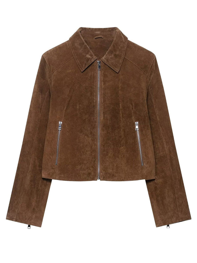 Veste courte en daim marron avec fermeture zippée années 1980