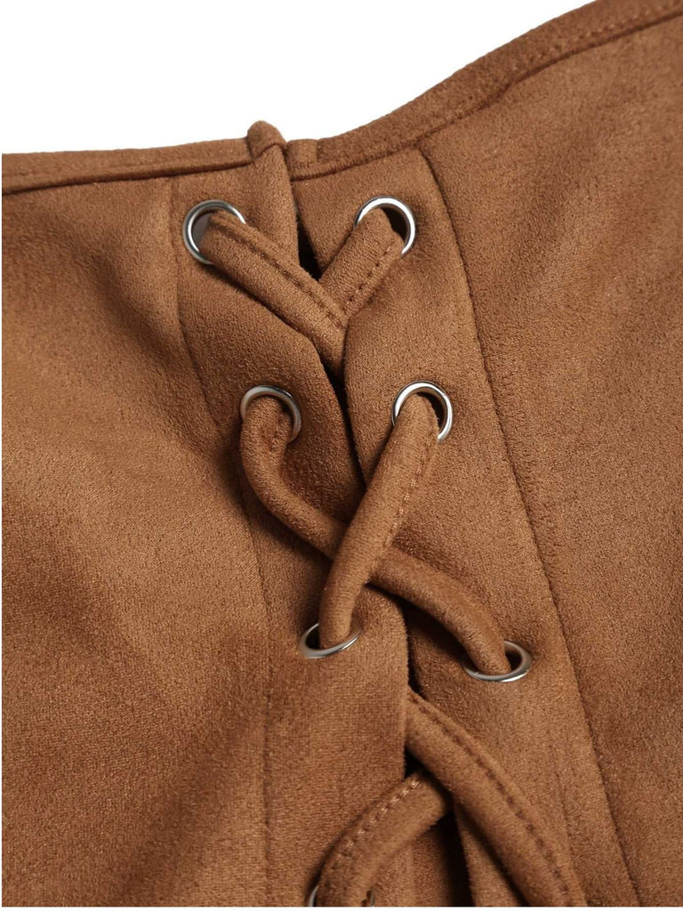 Haut corset en daim marron à lacets des années 1950