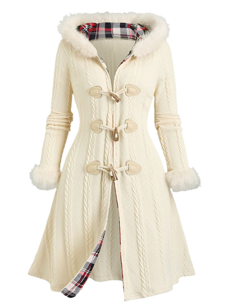 [Grande Taille] Manteau à capuche en maille ivoire bordée de fourrure des années 1950