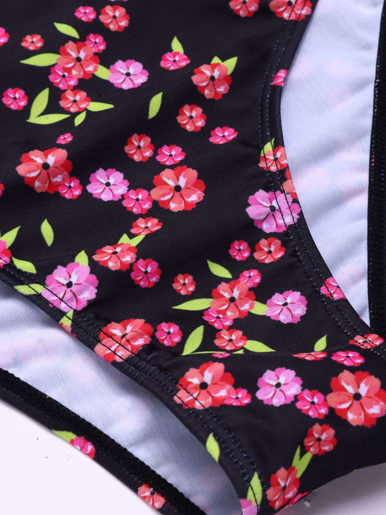 Ensemble tankini noir à lacets et petites fleurs des années 1940