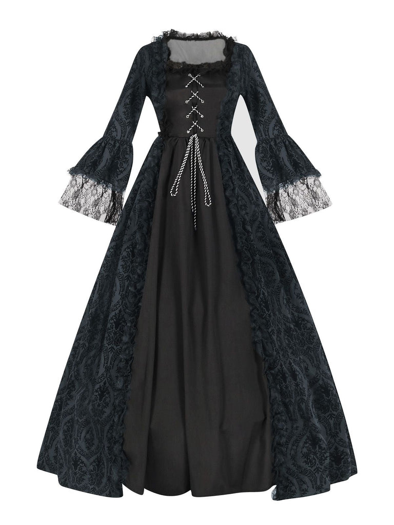 Robe noire gothique victorienne à manches cloche dentelle années 1950
