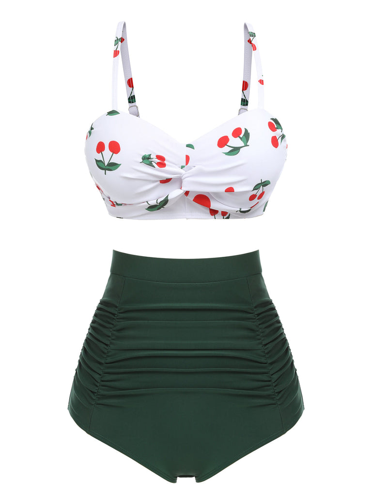 2PCS Maillot de bain taille haute à bretelles cerises 1950s