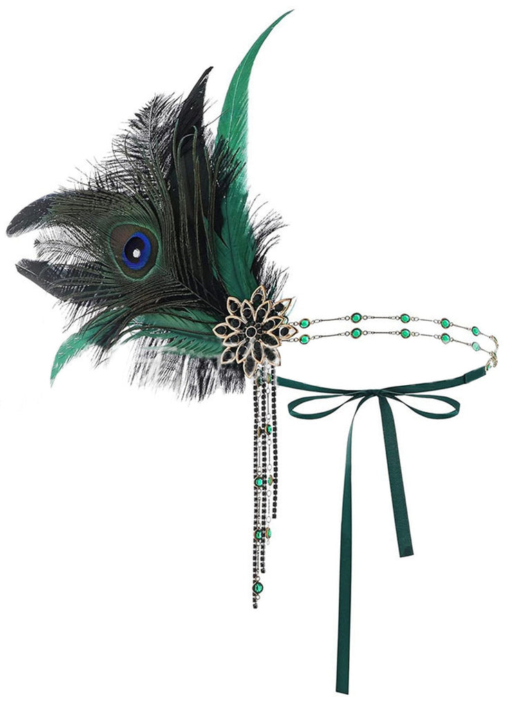 Bandeau plumes de paon Gatsby orné de perles années 1920