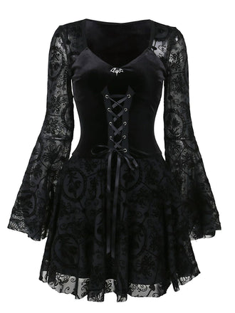 Robe noire floquée à lacets gothique des années 1960