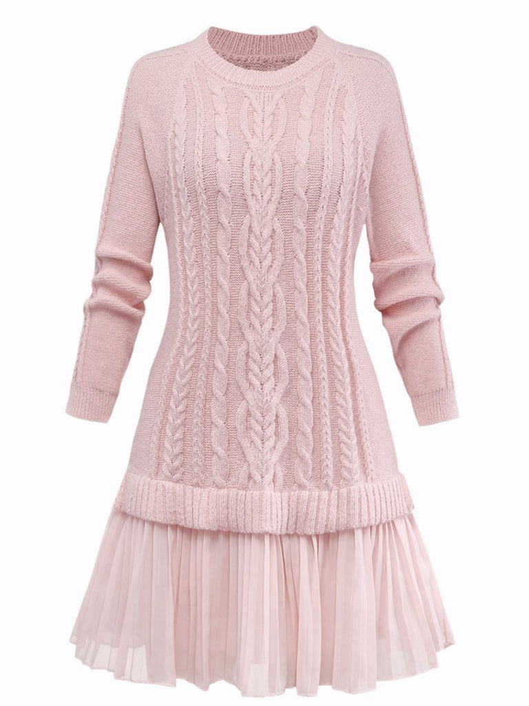 Robe pull plissée en maille torsadée rose unie des années 1940