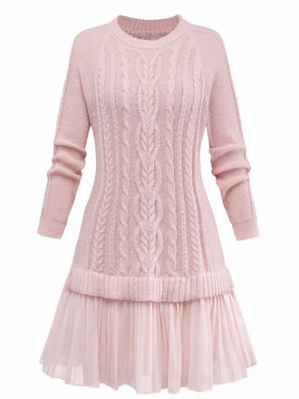 Robe pull plissée en maille torsadée rose unie des années 1940