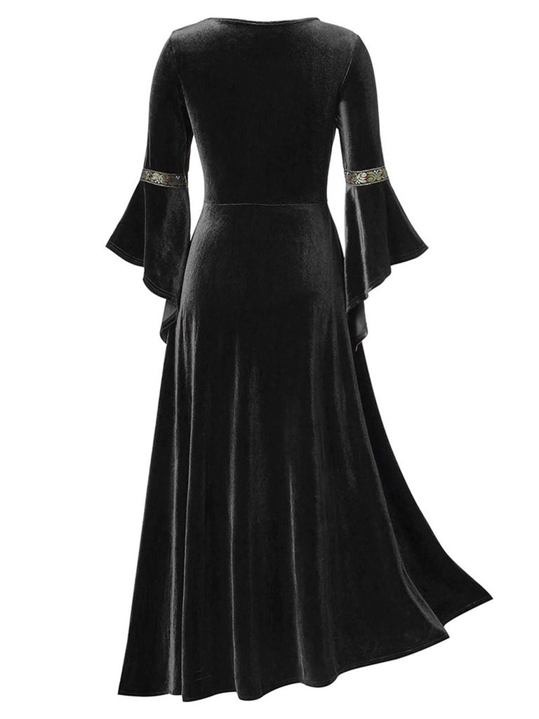 Robe Renaissance médiévale en velours à bordure dorée des années 1930