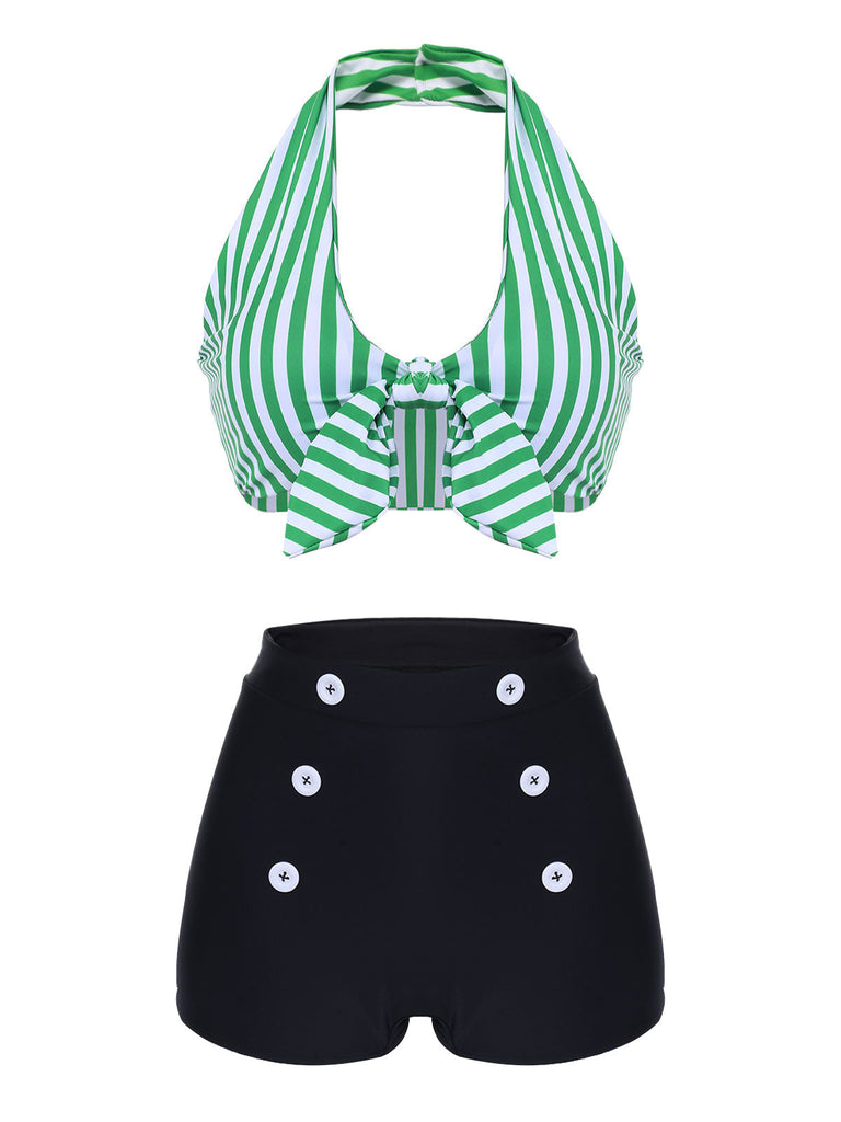 Maillot de bain vert à rayures col v dos nu rétro