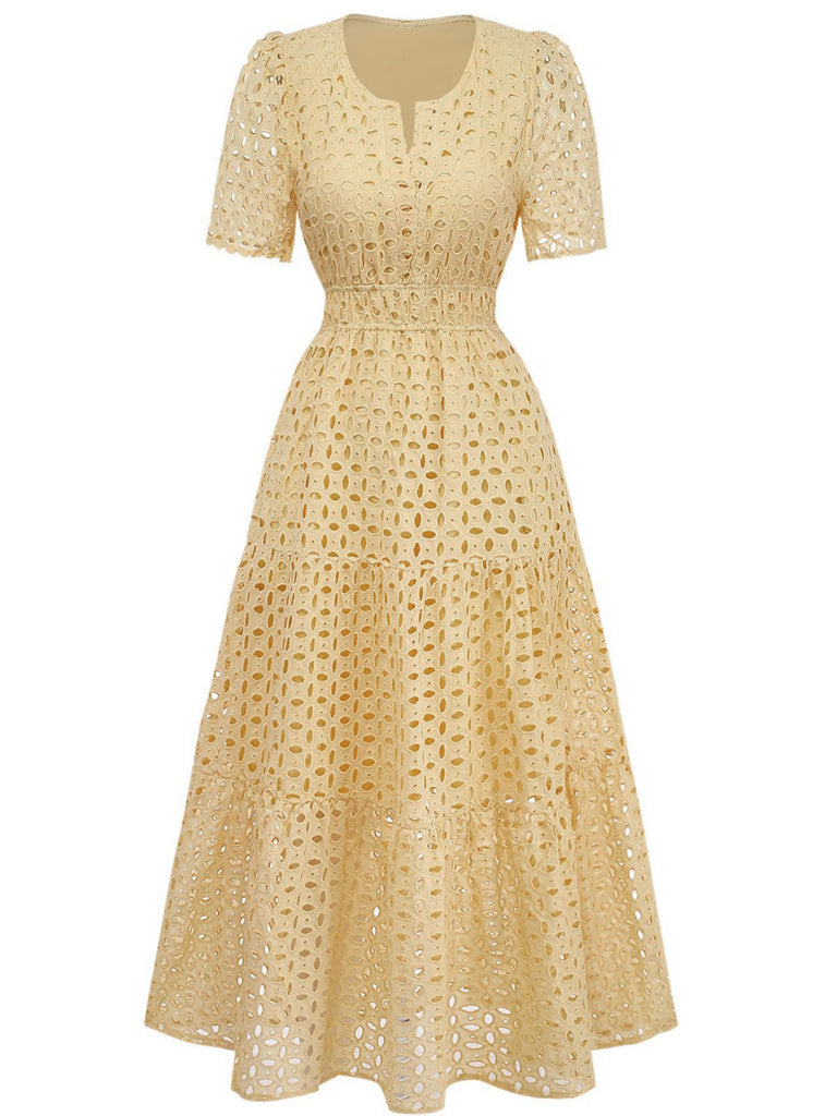 Robe longue volants col V dentelle ajourée années 1940