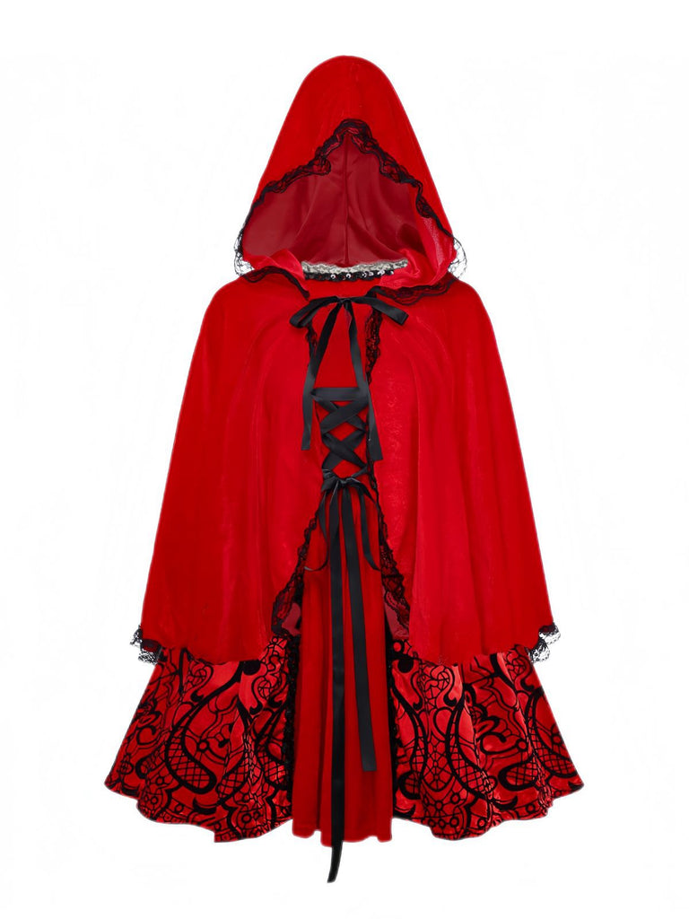 Robe et cape en velours rouge en dentelle et paillettes années 1980