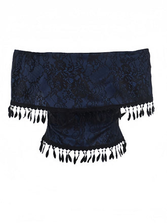 Haut bleu foncé épaules dénudées et pompons en dentelle des années 1930