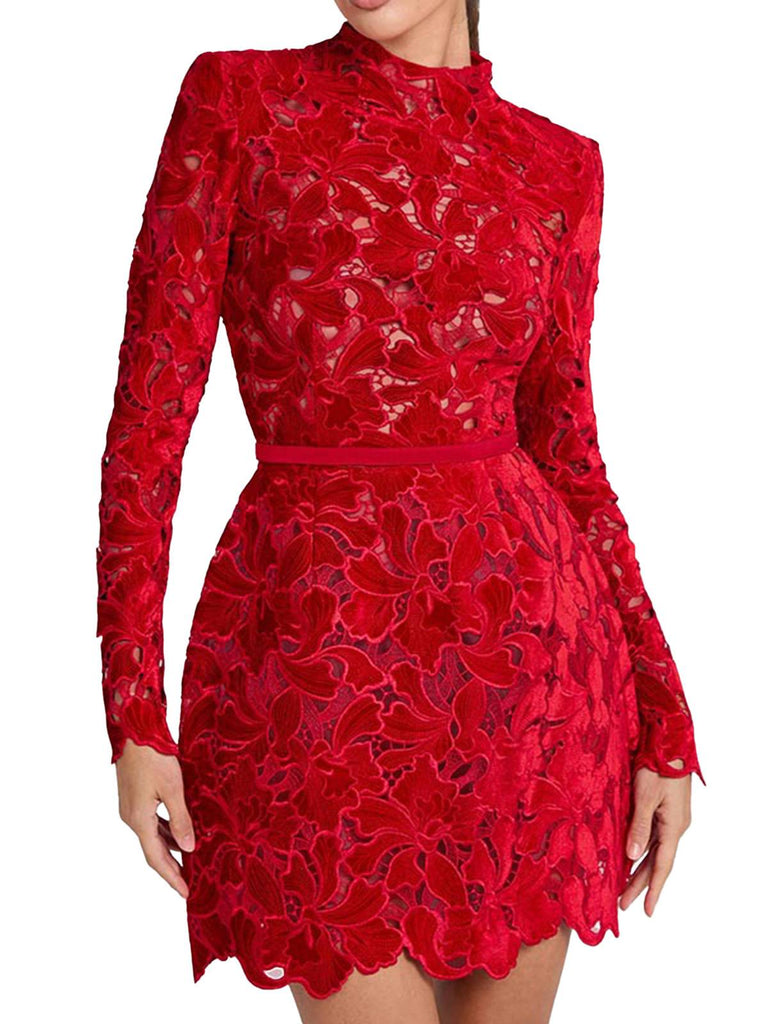 Robe col roulé mi-long en dentelle florale floquée années 1960