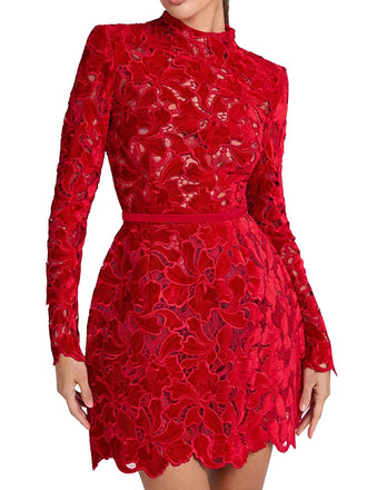 Robe col roulé mi-long en dentelle florale floquée années 1960