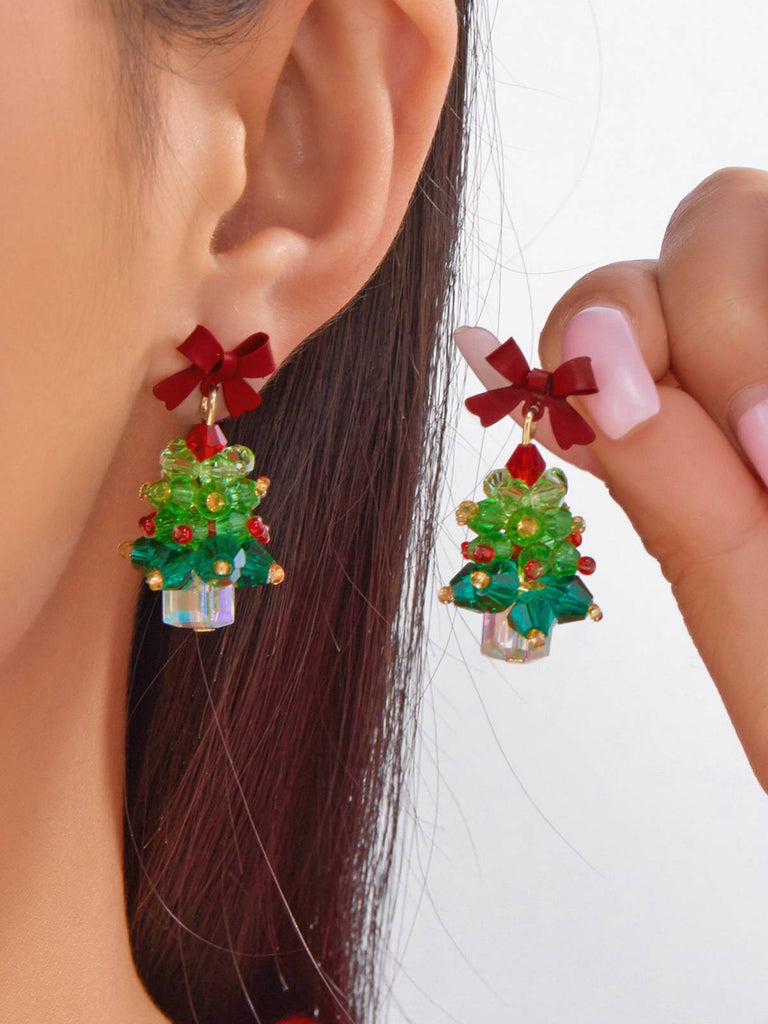 Boucles d'oreilles pendantes vintage sapin de Noël et nœud