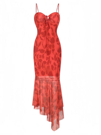 Robe rouge fleurs à bretelles spaghetti des années 1930